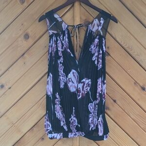 Free People Black Floral Pleated V-Neck Blouse with Tie